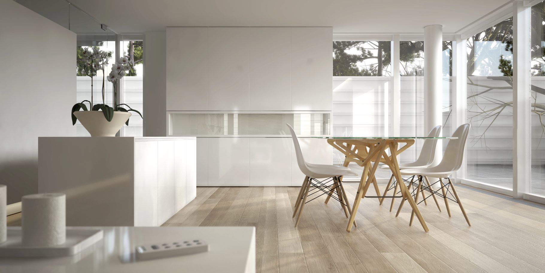 Moderne, helle Wohnung mit Essbereich, Holzfußboden und großen Fenstern.